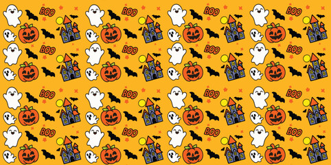 magical Halloween elements and seamless pattern. Skull, bones, bat, spider, web, Skeleton, pumpkin, jack-o'-lantern, ghost, skull, bat, hat, sweets. Design for wrapping paper, print, Halloween party