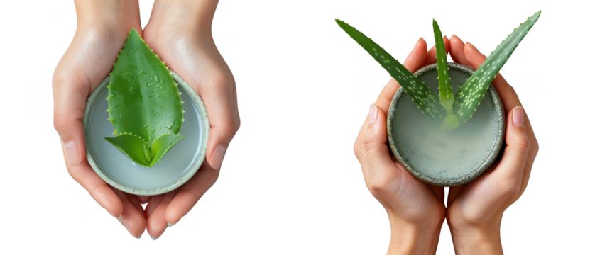 Hands holding a bowl with aloe vera gel and leaf, isolated on transparent background - Powered by Adobe