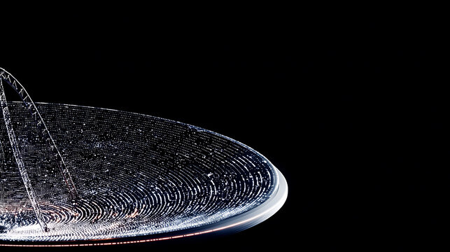 Abstract digital structure with glowing concentric rings and particle network against a dark background