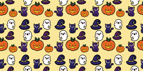 magical Halloween elements and seamless pattern. Skull, bones, bat, spider, web, Skeleton, pumpkin, jack-o'-lantern, ghost, skull, bat, hat, sweets. Design for wrapping paper, print, Halloween party