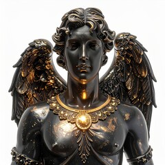 Dramatic Bronze Angel Statue with Golden Accents Isolated on White Background Art Decoration