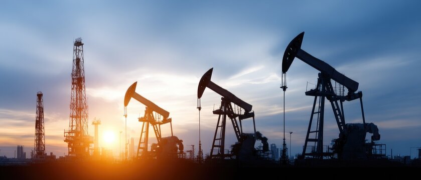 Silhouetted Oil Pump Jacks at Sunset in Industrial Landscape Setting - Powered by Adobe