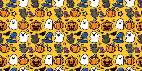 magical Halloween elements and seamless pattern. Skull, bones, bat, spider, web, Skeleton, pumpkin, jack-o'-lantern, ghost, skull, bat, hat, sweets. Design for wrapping paper, print, Halloween party