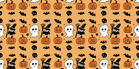 magical Halloween elements and seamless pattern. Skull, bones, bat, spider, web, Skeleton, pumpkin, jack-o'-lantern, ghost, skull, bat, hat, sweets. Design for wrapping paper, print, Halloween party