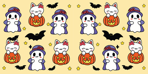 magical Halloween elements and seamless pattern. Skull, bones, bat, spider, web, Skeleton, pumpkin, jack-o'-lantern, ghost, skull, bat, hat, sweets. Design for wrapping paper, print, Halloween party