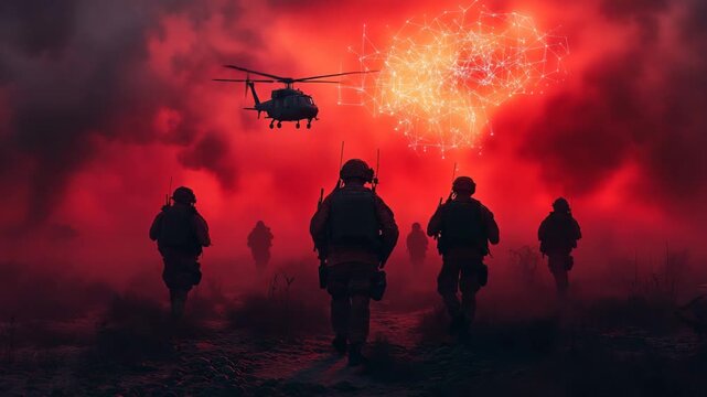 Object is group of soldiers and military helicopter with digital explosion for cybersecurity presentations, military strategy briefings, and defense blog covers, in cinematic style, red palette, wide 