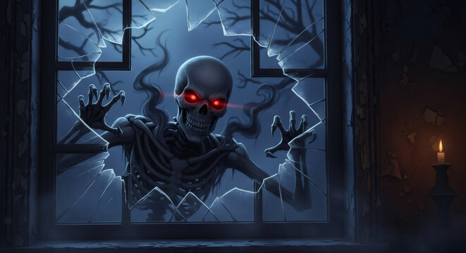 Skeleton monster with glowing red eyes breaking through a broken window at night. Scary ghost for Halloween design. - Powered by Adobe