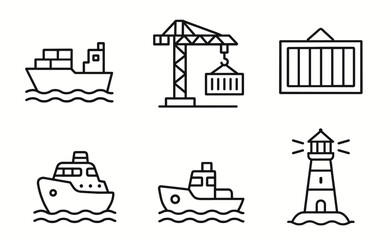 Port transport icons: ships, crane, container, lighthouse line art set