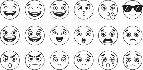Diverse collection of playful emojis portraying a range of human emotions from joyful laughter to deep sorrow in simple
