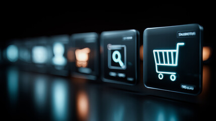 Series of icons for shopping and social media. The icons are lit up and appear to be in a row