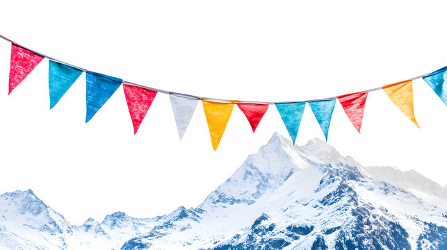 Colorful bunting flags strung across snowy mountain peaks Keywords: bunting, flags, colorful