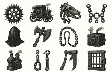 Naklejka premium Steampunk icons: mechanical objects and tools with industrial aesthetic