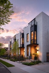 As the sun dips below the horizon, casting a warm glow, modern townhouses illuminate a tranquil street, surrounded by a vibrant sky adorned with clouds