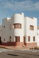 A distinct white building featuring elegant curved corners stands prominently on a sunlit street in a tranquil town on a clear afternoon