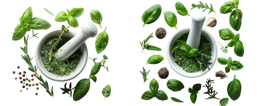 Mortar and pestle with fresh herbs and spices, isolated on transparent background
