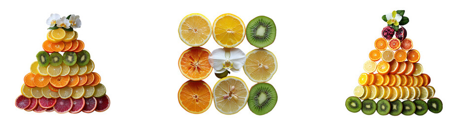 Fototapeta premium Colorful fruit pyramids and slices arranged artistically, isolated on transparent background