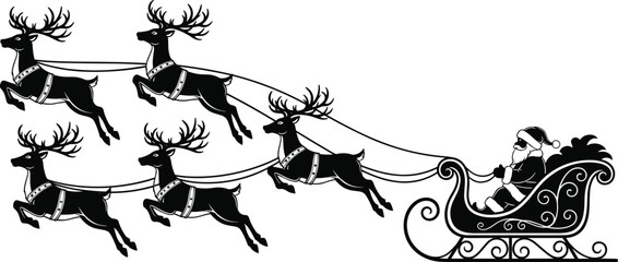 Santa sleigh silhouette, flying reindeer illustration, festive Christmas scene, holiday gift delivery, ornate sleigh design, seasonal icon, black vector artwork