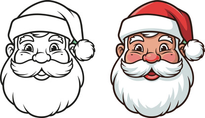 Santa Claus face cartoon, black and white outline, colored festive character, Christmas illustration, holiday design, cheerful seasonal icon, red hat