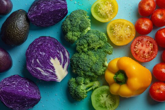 Colorful fresh organic vegetables including red cabbage broccoli avocado and tomatoes on a blue surface