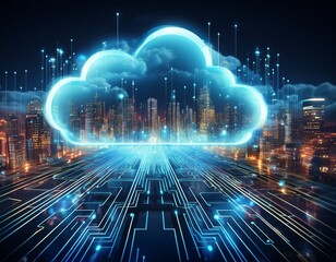 a glowing cloud computing symbol hovers over a digital cityscape symbolizing the interconnectedness and vast potential of cloud technology
