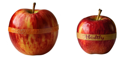 Two red apples, one large and one small, with a band around each, isolated on transparent background