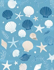 Seashell pattern on a light blue background