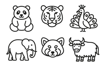 Cute animal outline set: panda, tiger, peacock, elephant, red panda, yak