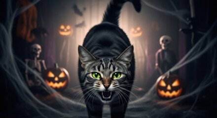 Growling black cat with green eyes in a spooky Halloween setting. Dark night with carved pumpkins, spider web, and skeletons.