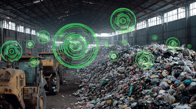 Industrial waste management facility with digital scanning overlays highlighting recycling processes - Powered by Adobe