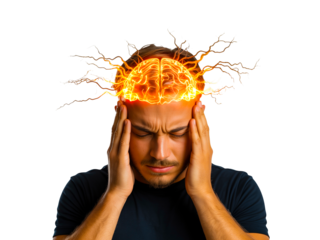 Man with exploding brain isolated on transparent background, concept of stress