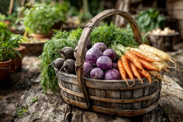 Freshly Harvested Organic Vegetables in Rustic Wooden Basket on Outdoor Farm Table