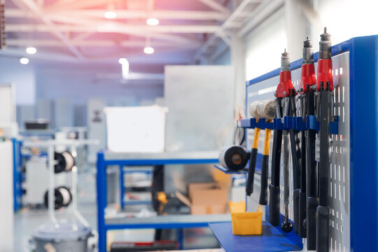 Modern industrial factory with tools and equipment in workshop setting