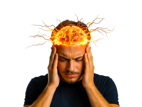 Man with exploding brain isolated on transparent background, concept of stress