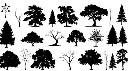 Collection of various tree shapes depicted as stark black silhouettes against a pristine white background, arranged in a tight grid pattern, showcasing high-contrast minimalism with no visible texture