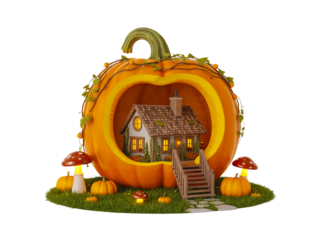 Pumpkin house isolated on transparent background, a whimsical autumn scene