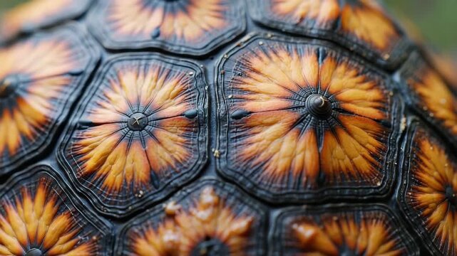 Turtle shell close-up reveals intricate details of nature's armor, demonstrating complex patterns and textures. Turtle shell macro shows individual scutes creating mesmerizing geometric design.