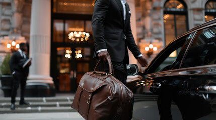 A well-dressed man in a suit holds a brown leather briefcase while exiting a luxury car near a grand building, showcasing elegance and professionalism.