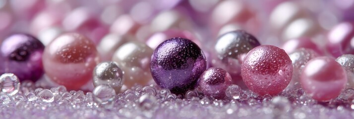 Abstract shimmering background of colorful pearls and beads with water droplets, suitable for luxury, beauty, and feminine product marketing contexts
