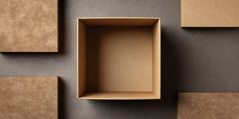 Fototapeta premium Eco cardboard box open empty viewed from above placed on neutral surface for sustainable packaging design - AI generated