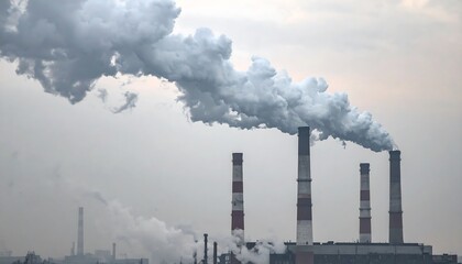 Industrial pollution, thick smoke plumes from factory chimneys