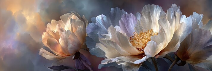Elegant abstract floral design with large peony-like blooms in soft pastels against dreamy cloudy sky, ideal for branding, decor, and seasonal promotions
