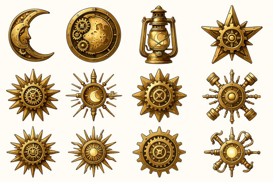 Collection of brass steampunk symbols with gears and celestial themes