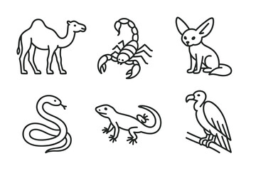 Outline illustrations of desert animals: camel, scorpion, fennec fox, snake, lizard, vulture