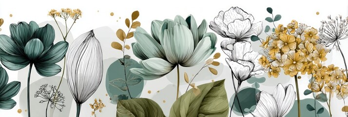 Delicate botanical abstract background with soft floral illustrations and ample copy space, ideal for wellness, branding, or seasonal marketing designs