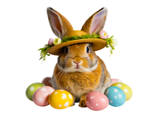 Easter bunny with straw hat and easter eggs isolated on transparent background