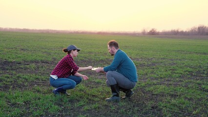 Farmers businessmen with tablet in the field discuss planting crops of plants, production and cultivation of bread, teamwork, rural life on the land, agronomist and worker discuss the work plan.