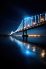 Naklejka premium Nighttime view of a illuminated bridge over calm waters