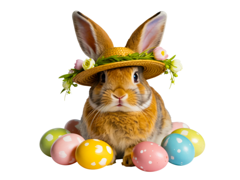 Easter bunny with straw hat and easter eggs isolated on transparent background