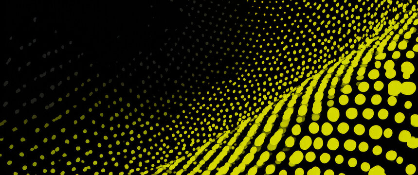 Black and yellow image of a wave with many small yellow dots. The image has a futuristic and abstract feel to it - Powered by Adobe