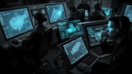 AI-Assisted Warship Command Center - A dramatic black and white video depicts a team of naval officers in a high-tech command center, monitoring and controlling an AI-assisted warship system. - Powered by Adobe